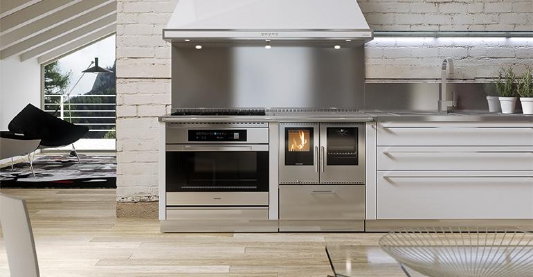 COMBINED MONOBLOC CONSISTING OF &Ouml;KOALPIN 80 HEATING STOVE IN WHITE F8 AND STAINLESS STEEL VERSION. COMBINED WITH ELITE75
OVEN, TOUCH CONTROL77 HOB AND WHITE F8 EXTRACTOR HOOD